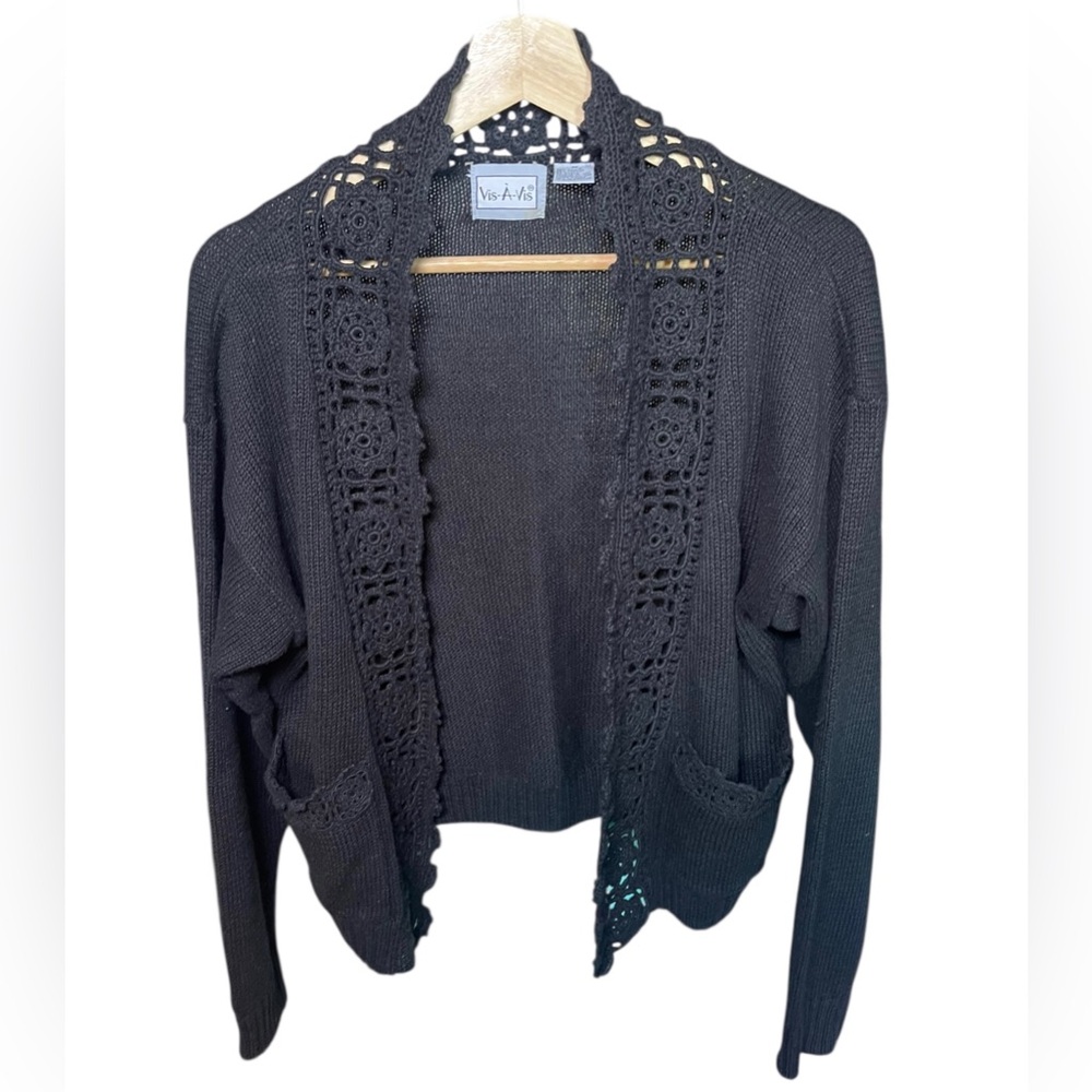 Vintage Cardigan Knit Sweater Crochet Lace Trim Black 90s Whimsigoth Sz Medium